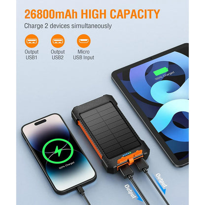 26800Mah Solar Power Bank, USB Portable Solar Charger Compatible for Iphone, Android Phone
